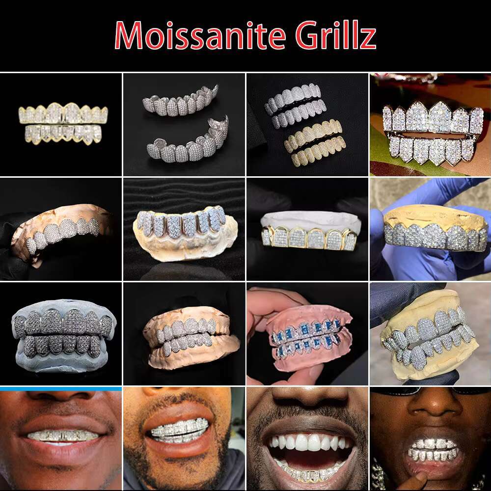 Custom Hip Hop Teeth Grillz 8 Top 8 Bottom Fully Iced Out 925 Sterling Silver Diamond Moissanite Grillz for Mens