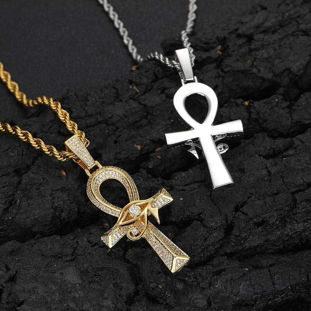 Hip Hop Eye of Horus Ankh Cross Pendant Micro Paved Zircon Personality Necklace Accessory 5e76