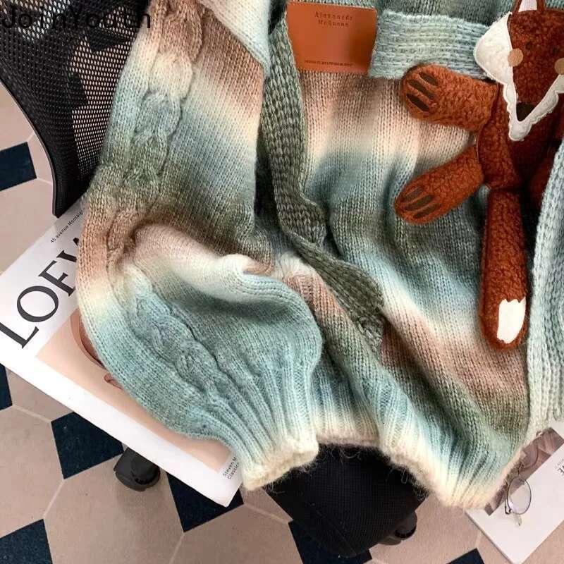Oversized Sweater Women Clothing Cartoon O-neck Striped Jumper Fashion Korean Sueter Mujer Casual Knitted Pullovers Y2k Tops