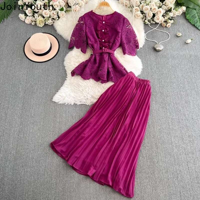 Skirt Suit 2 Piece Sets Womens Outfits Roupas Femme Slim Waist Lace Blouse High Waist Pleated Skirts Suit Vintage Summer Set
