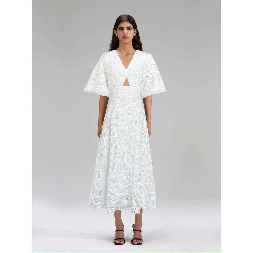 White Skirt Maxi Skirt Australia Spring New V Neck Puff Sleeve Hollow Out Solid Color Long Dress For Women Long Skirt