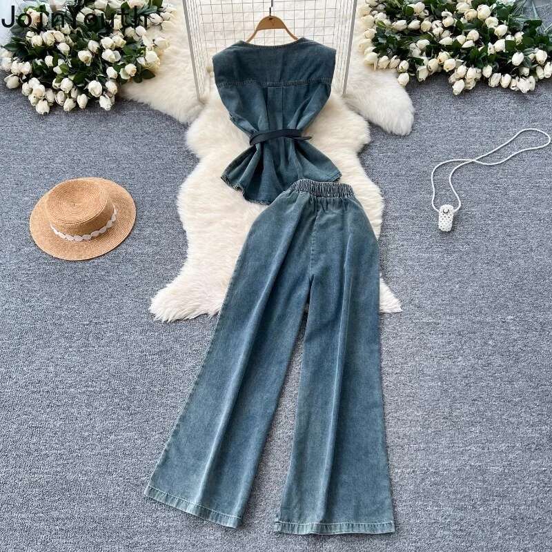 Chic Women Clothing Denim 2 Piece Sets V-neck Sleeveless Vest Tops Straight High Waist Wide Leg Pants Suit Casual Summer Outfits