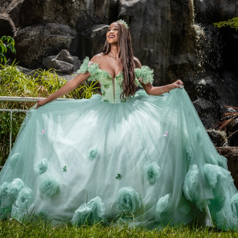 Green Quinceanera Dresses Ball Gown Off The Shoulder Bow Flower Beads Tull Corset Sweet 16 Dress Vestidos 15 De Anos