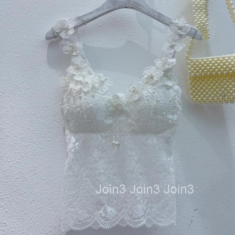 Sexy Tanks for Women Beading 3D Floral Lace Camis 2025 Ropa Mujer Crop Tops V-neck Sleeveless Slim Fit Fashion Sweet Vest 7p464