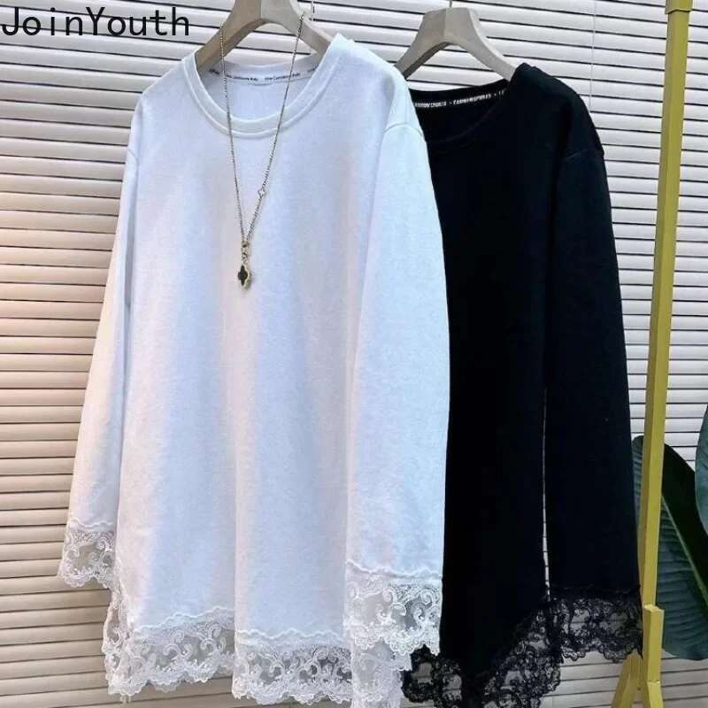 Women Clothing Oversized T Shirts 2025 Ropa Mujer Patchwork Lace Fashion Tees Korean Camisetas Casual Solid Color Tshirts Tops