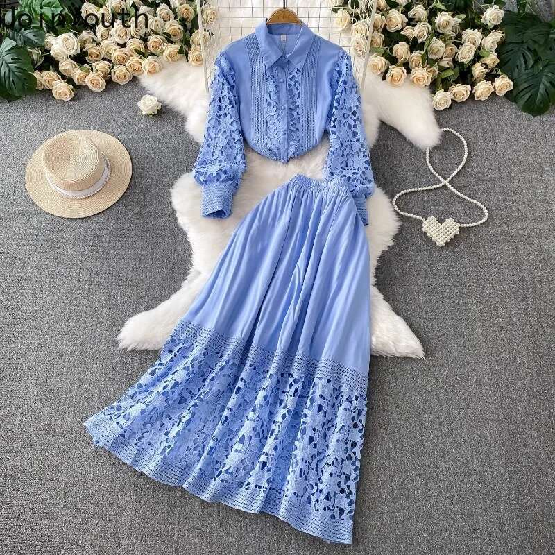 Skirt Sets Women Clothing Temperament Two Piece Set Patchwork Lace Blouses High Waist Hollow Out Long Skirts Suit Summer Outfits