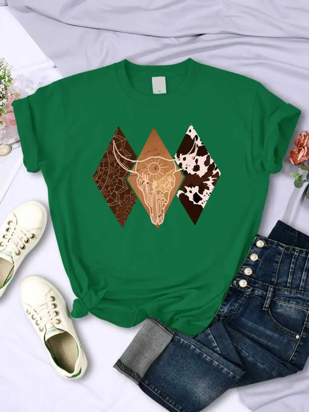 T-Shirts Kawaii Woman Cowboy Style Pattern Printed Short Sleeve Breathable O-Neck Soft T Shirts Summer Street Female Clothes