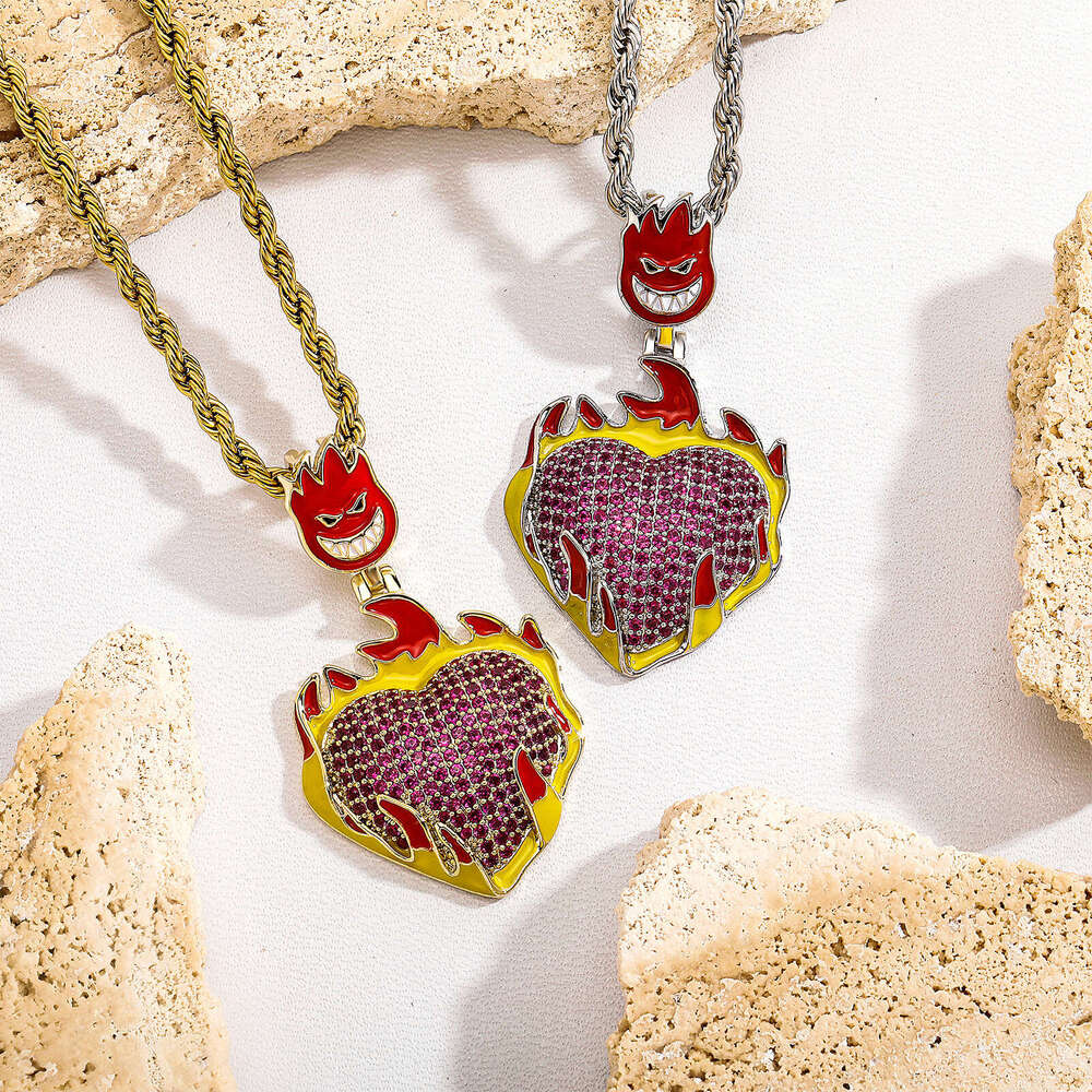 Jin Ao New Hip-Hop Pendant Oil Painting Flame Heart Full Dia Necklace Copper Inlaid Zircon Unisex Trendy Versatile Jewelry