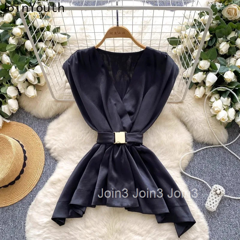 2025 Blusas Mujer De Moda Sleeveless Tunic Blouse Womens Clothing Temperament Lady Tops Slim Waist Folds Summer Shirt Blouses