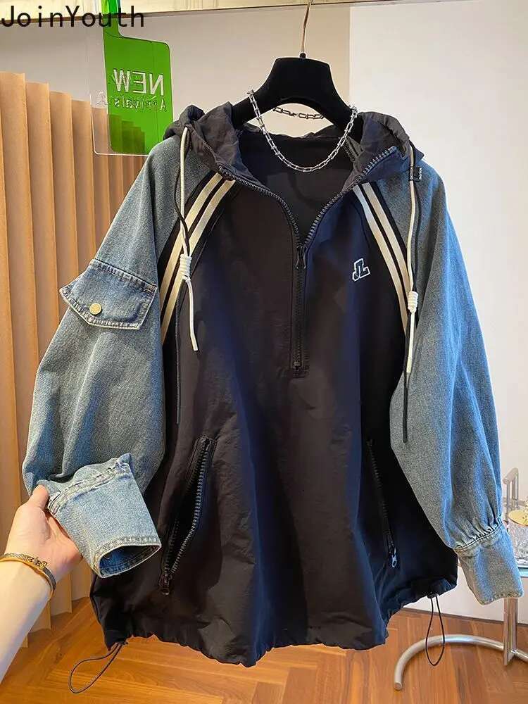 Oversized Sweatshirts for Women Patchwork Denim Streetwear Y2k Tops 2025 Ropa Mujer Hooded Contrast Color Vintage Hoodies 27u340