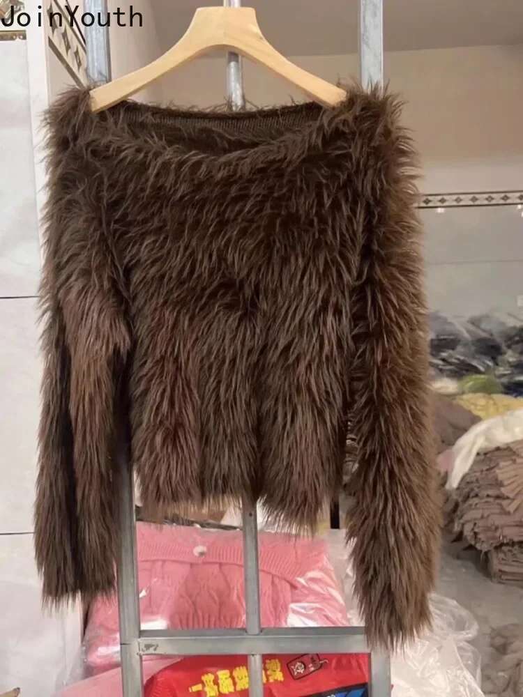 Furry Jumper Knitwear Pullovers 2025 Women Clothing Long Sleeve O-neck Temperament Pull Femme Fashion Sweet Knit Cropped Sweater