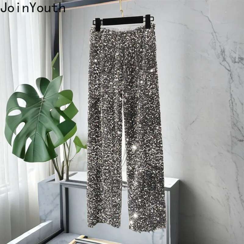 Heavy Sequin Wide Leg Pants Womens Clothing 2025 New Bottoms High Waist Tunic Straight Pantalon Femme Fashion Korean Trousers