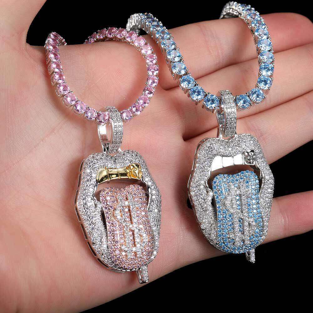 Hip Hop Jewelry Micro Paved Zircon Trendy Brand Dollar Bill Mouth Tongue Men's Necklace Pendant b872