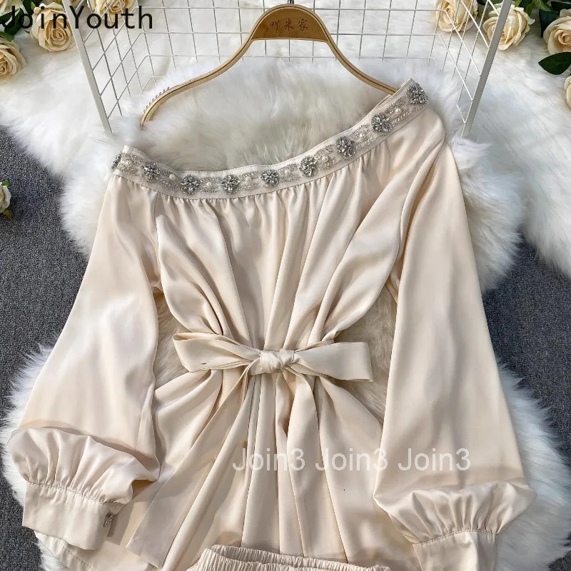 Shorts Outfits Women Clothes 2 Piece Sets Diamond Slasn Neck Long Sleeve Shirts Elastic Waist Shorts Suit Solid Color Summer Set