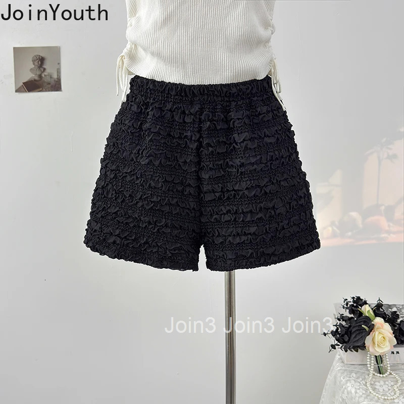 Ruffles Folds Shorts for Women 2025 New Bottoms Elastic Waist Solid Color Casual Pants Fashion Summer Pantalones Cortos De Mujer