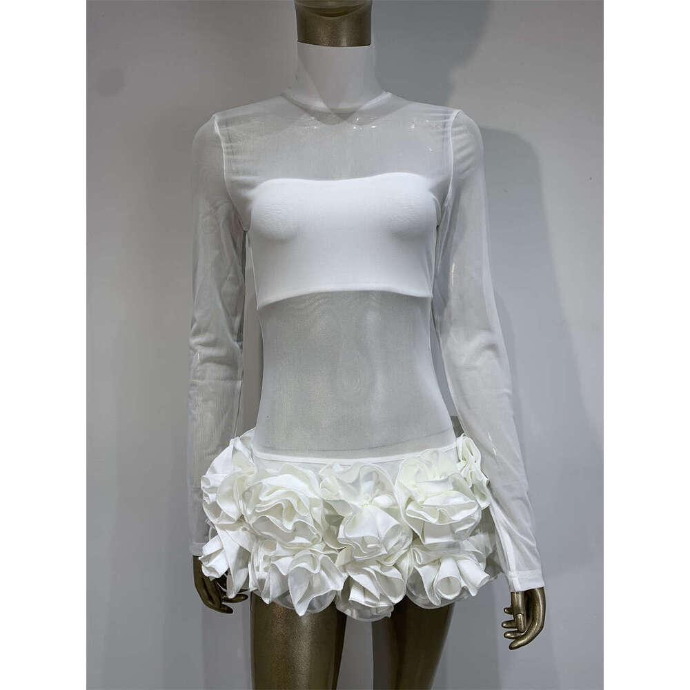 White Skirt Maxi Skirt Sheer White Mesh Floral Bandage Patchwork Party Dress Two Piece Set Long Skirt