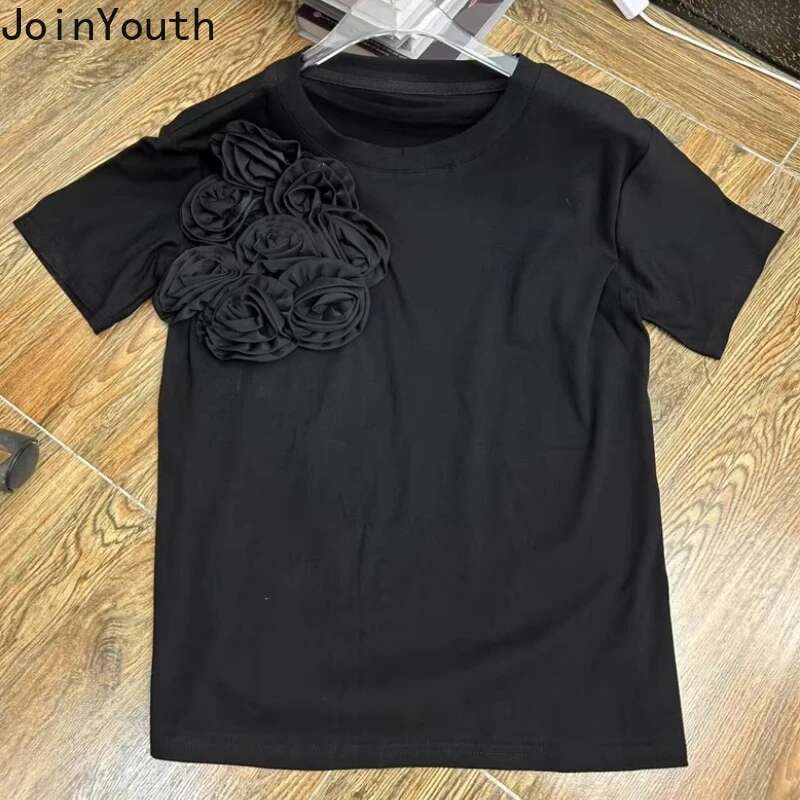 Summer Tshirts for Women 2025 Ropa Mujer Short Sleeve O-neck Tees Fashion Korean Camisetas 3D Floral Sweet Casual T-shirt Tops