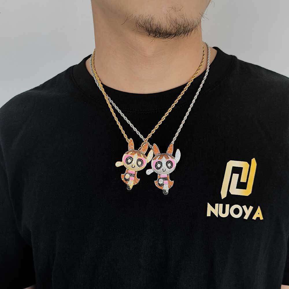 Hip Hop Cartoon Anime Powerpuff Girls Blossom Trendy Brand Copper Inlaid Zircon Men's Pendant Necklace 7821
