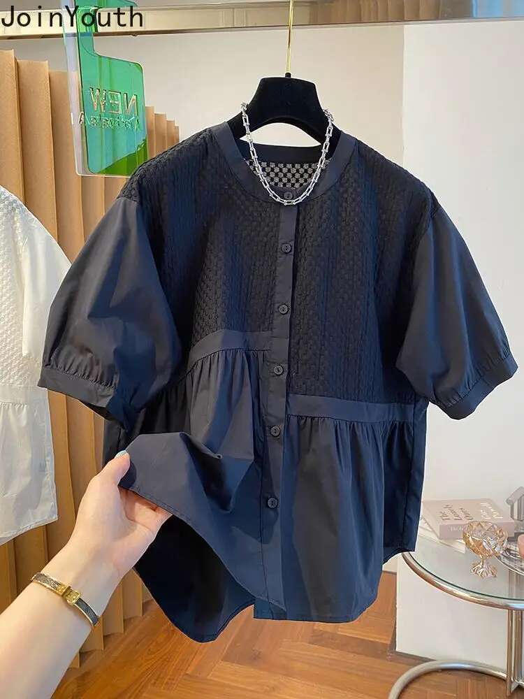 2025 Blusas Mujer De Moda White Women Blouse O-neck Patchwork Puff Sleeve Oversized Tops Vintage Irregular Summer Blouses Shirts