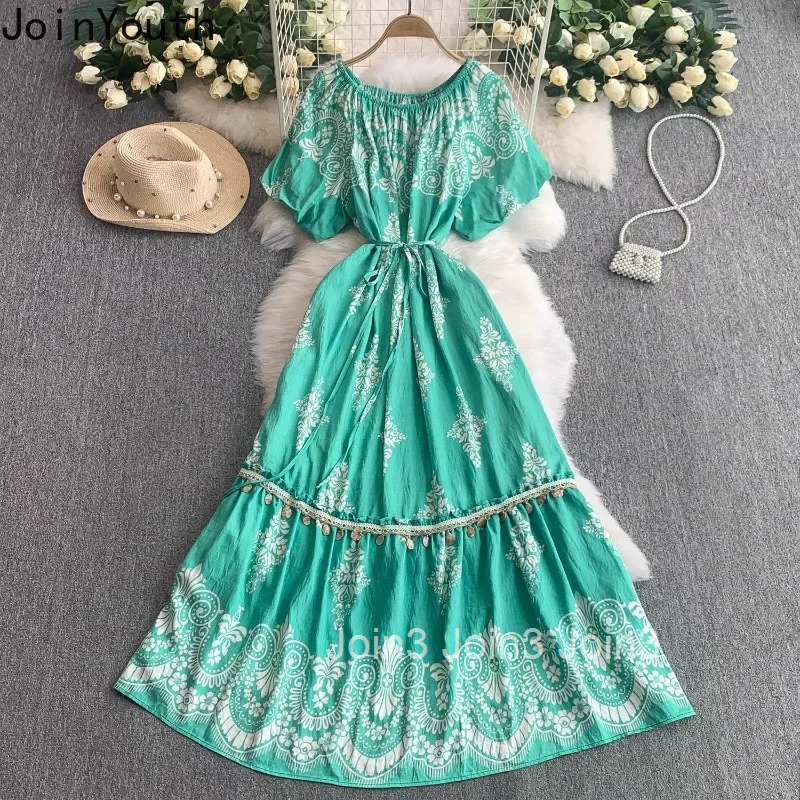 Maxi Dress Womens Clothing 2025 Vestidos De Mujer O-neck Puff Sleeve Slim Waist Robe Femme Floral Tassel Vintage Summer Dresses