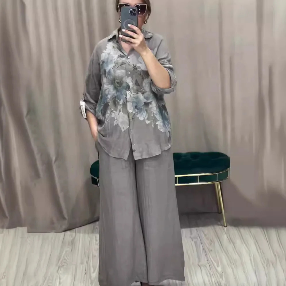 Two Piece Set Islam Muslim Women Tops Flower Print Shirt Wide Leg Pants Suits Ramadan Turkey Modest Ensembles Morocco Outfits 250617