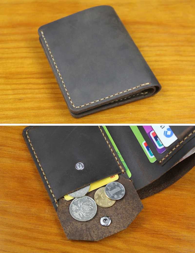 Handmade Vintage Crazy Horse Genuine Leather Wallet Men Purse Leather Money Clips Short Male Money Bag with Coin Pocket Vertical Z250621