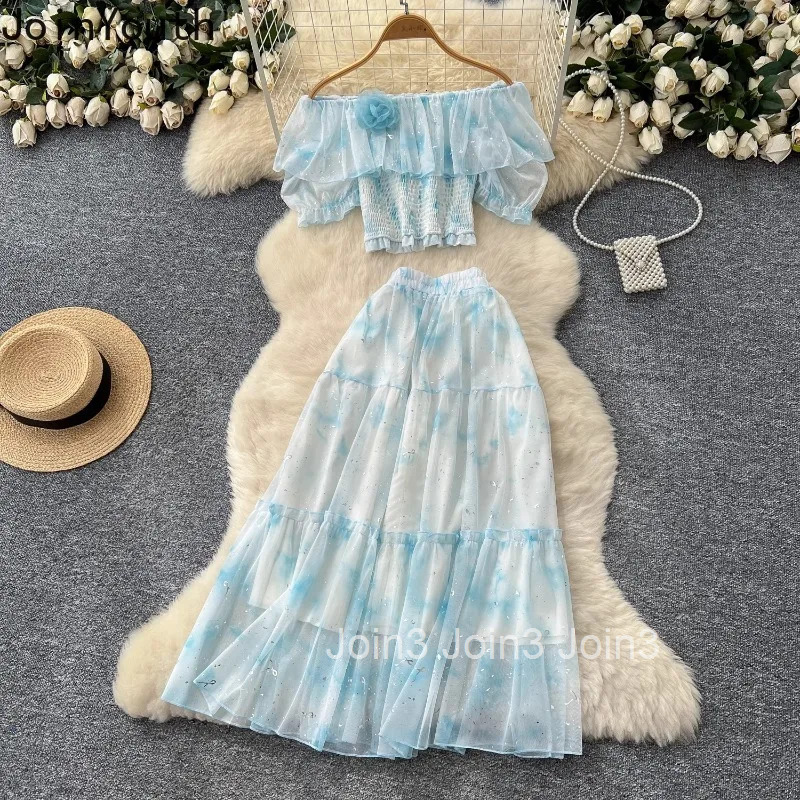 Sweet Two Piece Sets 2025 Women Clothing Slash Neck Puff Sleeve Crop Tops High Waist Big Swing Skirt Outfits Summer Print Suit