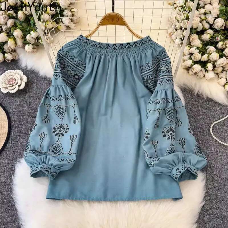 Blouse for Women 2025 Camisas De Mujer O-neck Lantern Sleeve Loose Shirts Vintage Tops Female Chic Embroidery Summer Blouses