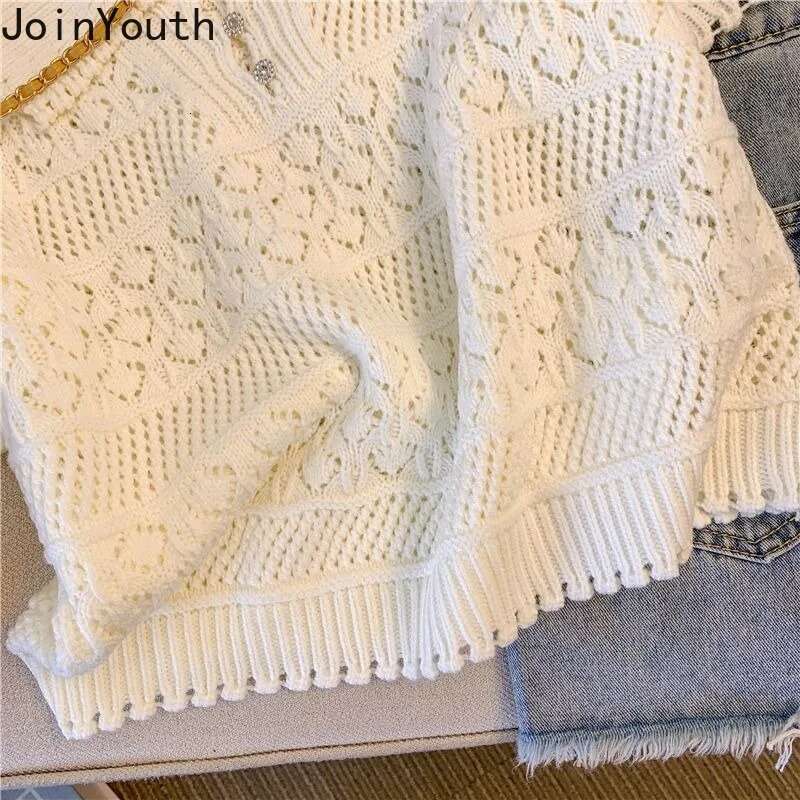 Hollow Out Knitted T Shirts for Women Turndown Collar Short Sleeve Tees 2025 Ropa Mujer Casual Fashion Summer Korean Tshirt Tops