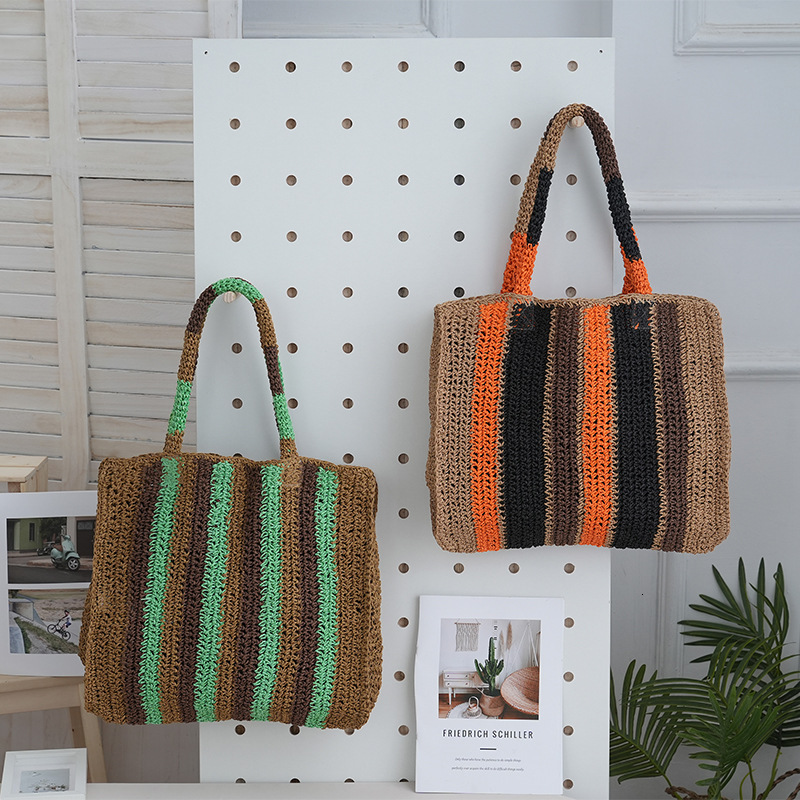 Free Shipping Vertical Striped Handmade Woven Bag For Women Designer Straw Woven Handbag Vacation Casual Armpit Bag Single Shoulder Crossbody Bag