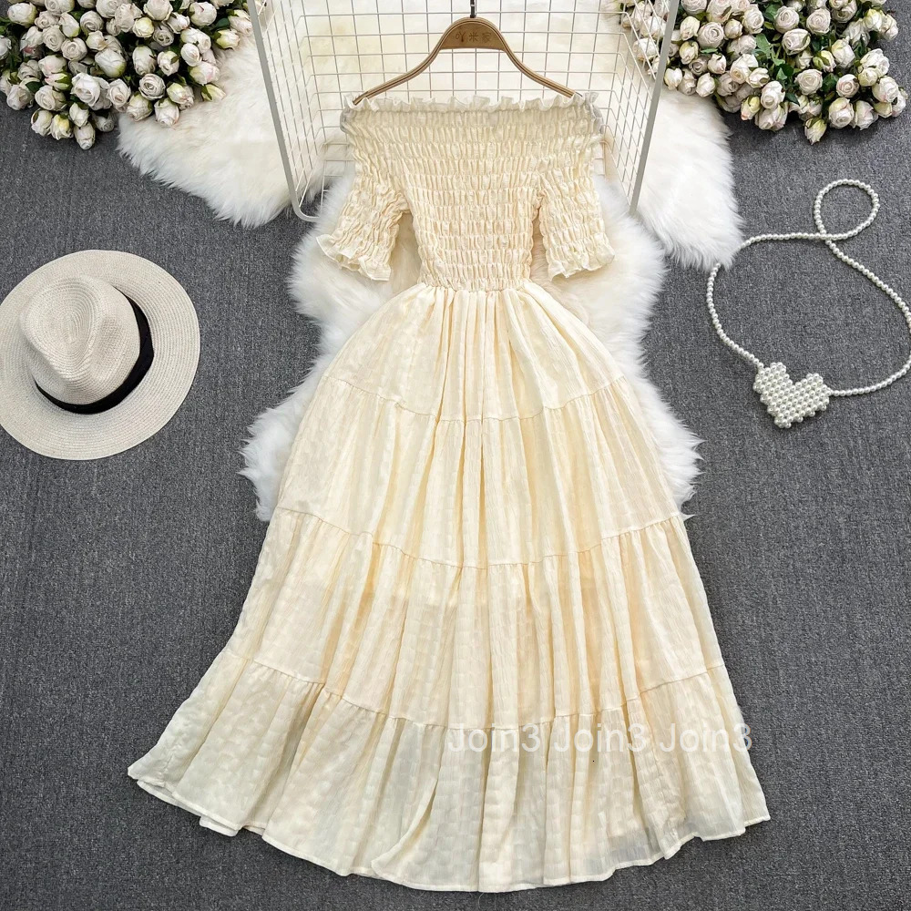 Summer Woman Dress Short Sleeve Slash Neck Folds Robe Femme Vestidos De Mujer Slim Waist Off Shoulder Fashion Sweet Maxi Dresses
