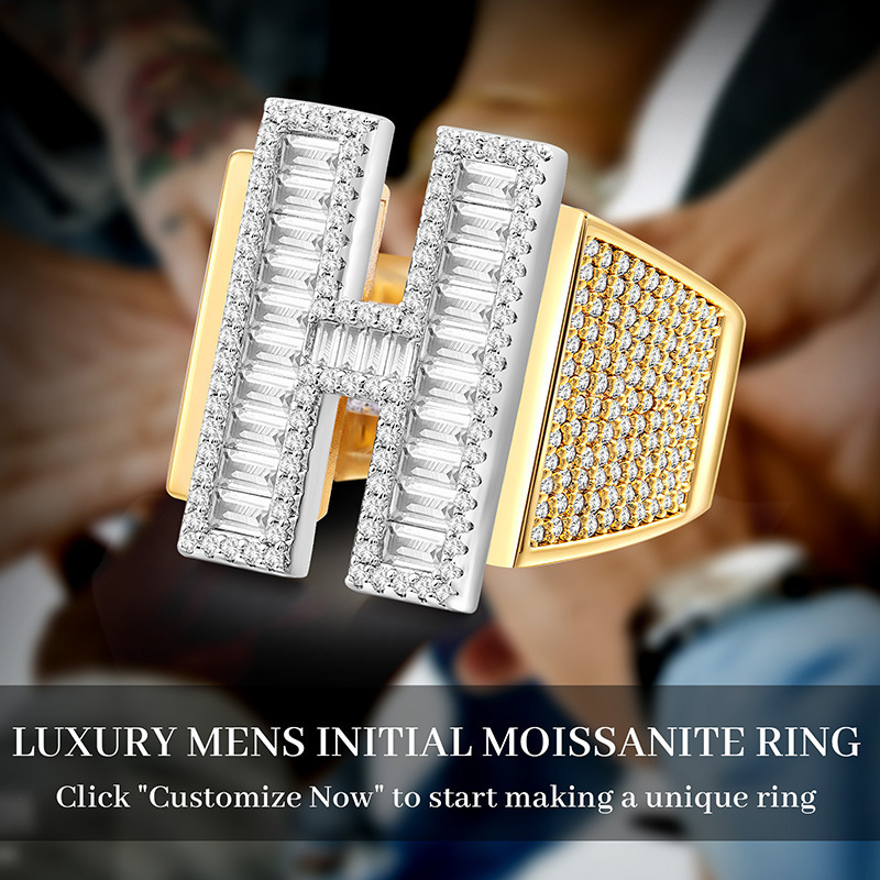 Luxury Jewelry Men's Hip Hop Double Row English Letter H Ring Full Diamond Micro Pave Personalized Bold Accessory