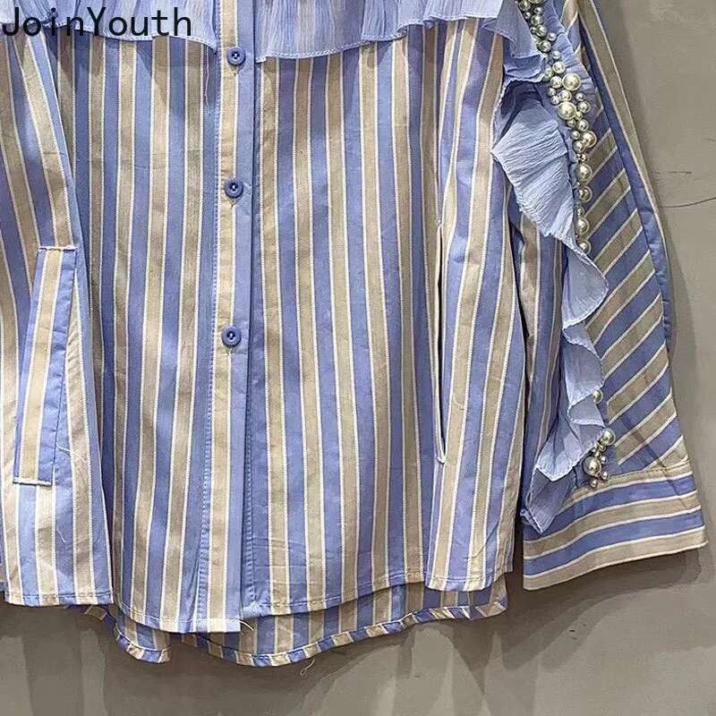 2025 Blusas Mujer De Moda Chic Striped Blouses Womens Clothing Long Sleeve Heavy Beading Loose Shirts Ruffles Sweet Blouse Tops