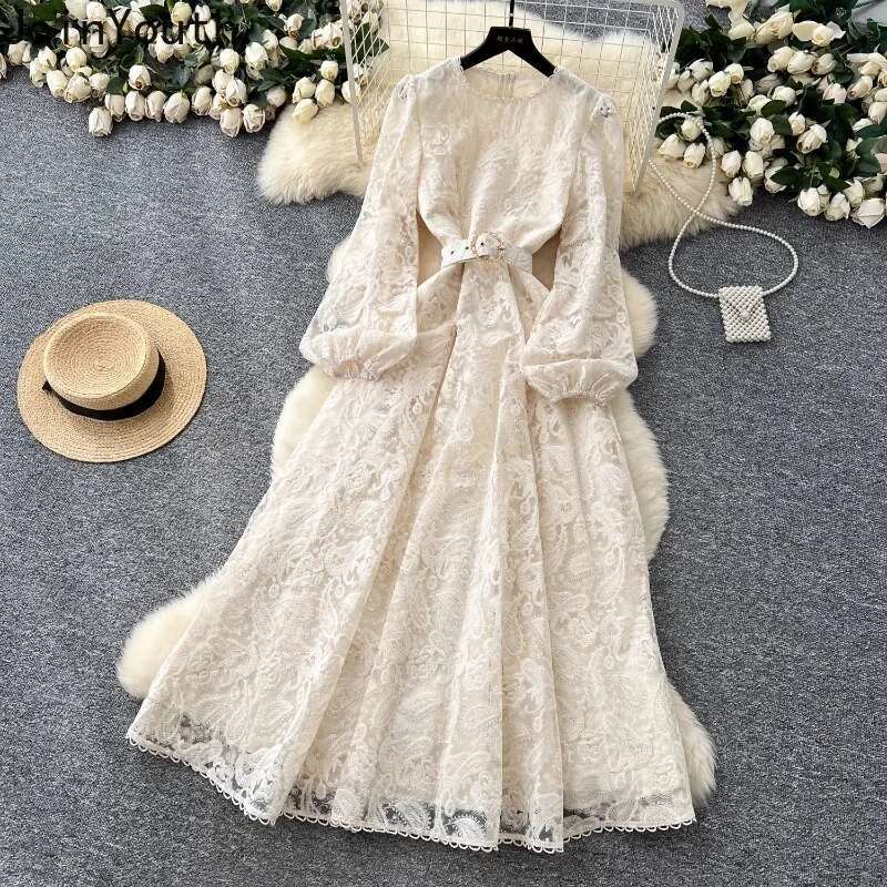 Vintage Maxi Dresses for Women Puff Sleeve Lace Hollow Out Robe Femme 2025 Vestidos De Mujer A-line Temperament Summer Dress