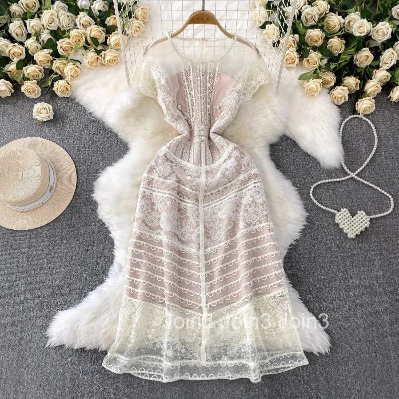 Temperament Robe Femme Elegant Dresses for Womens 2025 Vestidos De Mujer O-neck Short Sleeve Tunic Lace Emegant Summer Dress