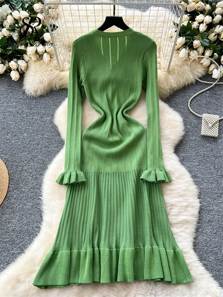 SINGREINY Autumn Office Lady Long Dress Women Winter V Neck Long Sleeves Chic Button Ruffles Sweet Streetwear Knitted Dress 250617