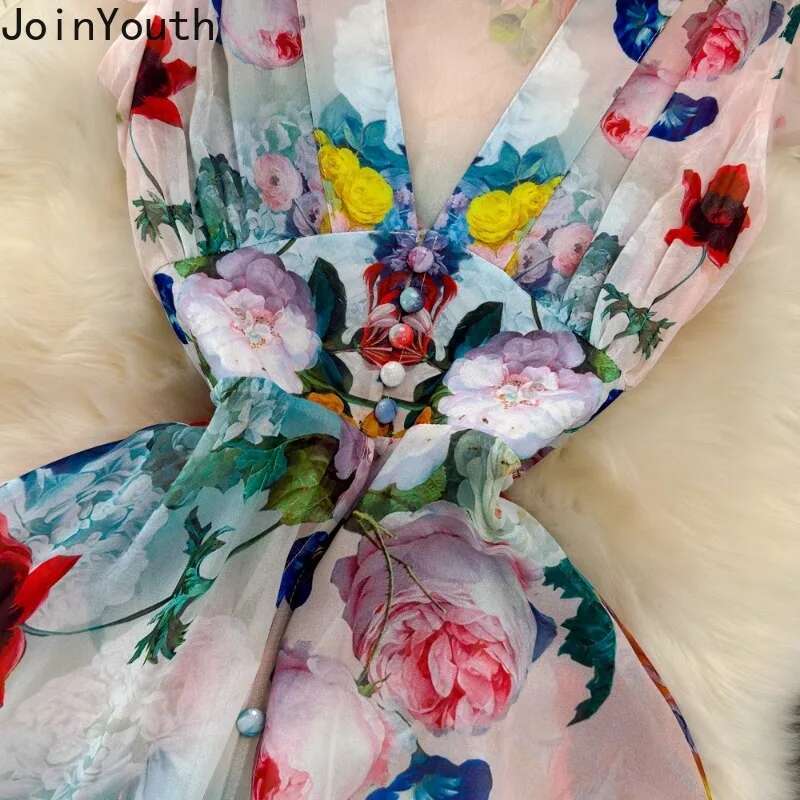 Floral Sweet Dresses for Women V-neck Flying Sleeve Elegant Robe Femme Single Breasted Tunic Summer Maxi Dress Vestidos De Mujer