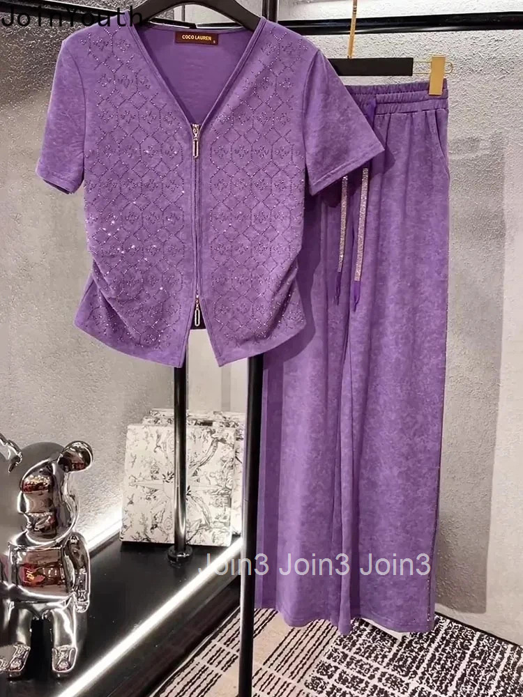 2 Piece Sets Korean Women Clothing Short Sleeve Zipper V-neck Tshirts High Waist Straight Wide Leg Pants Outfits Summer Suit