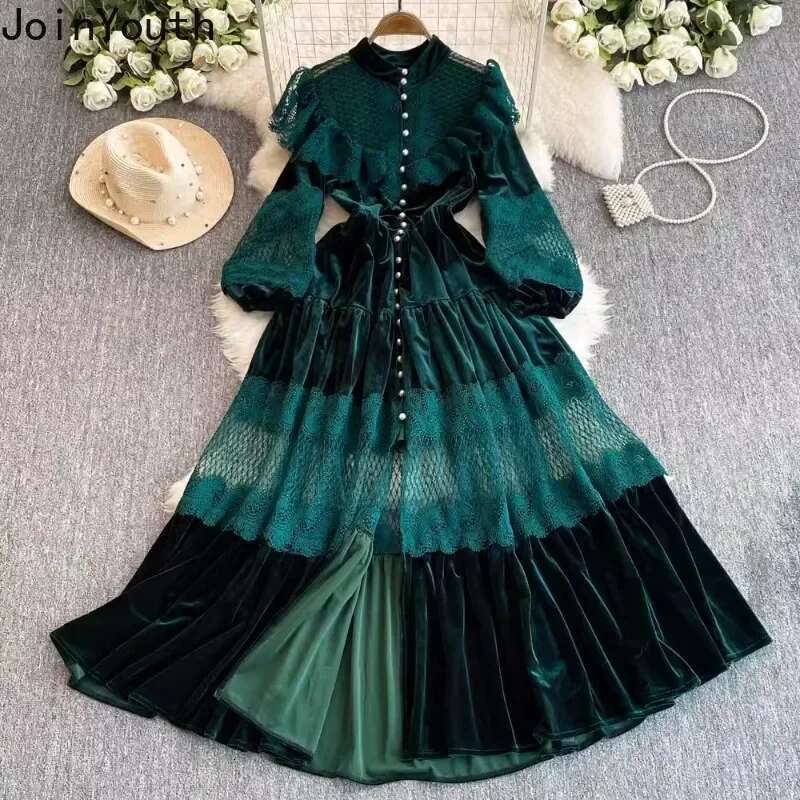 Vintage Woman Dress Stand Neck Single Breasted Patchwork Lace Long Robe Femme 2025 Fashion Ruffles Party Velvet Maxi Dresses