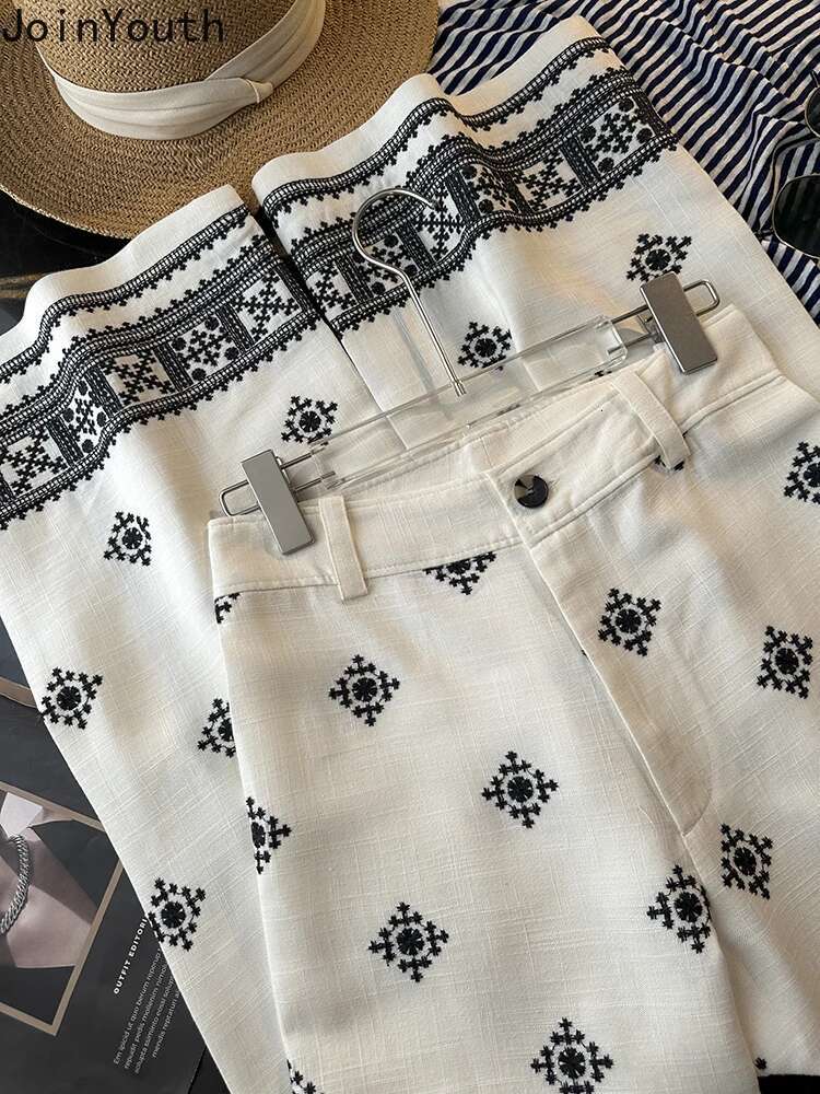 Summer Print Wide Leg Pants for Women New Bottoms Vintage Embroidery Straight Trousers Casual Fashion High Waist Pantalon Femme