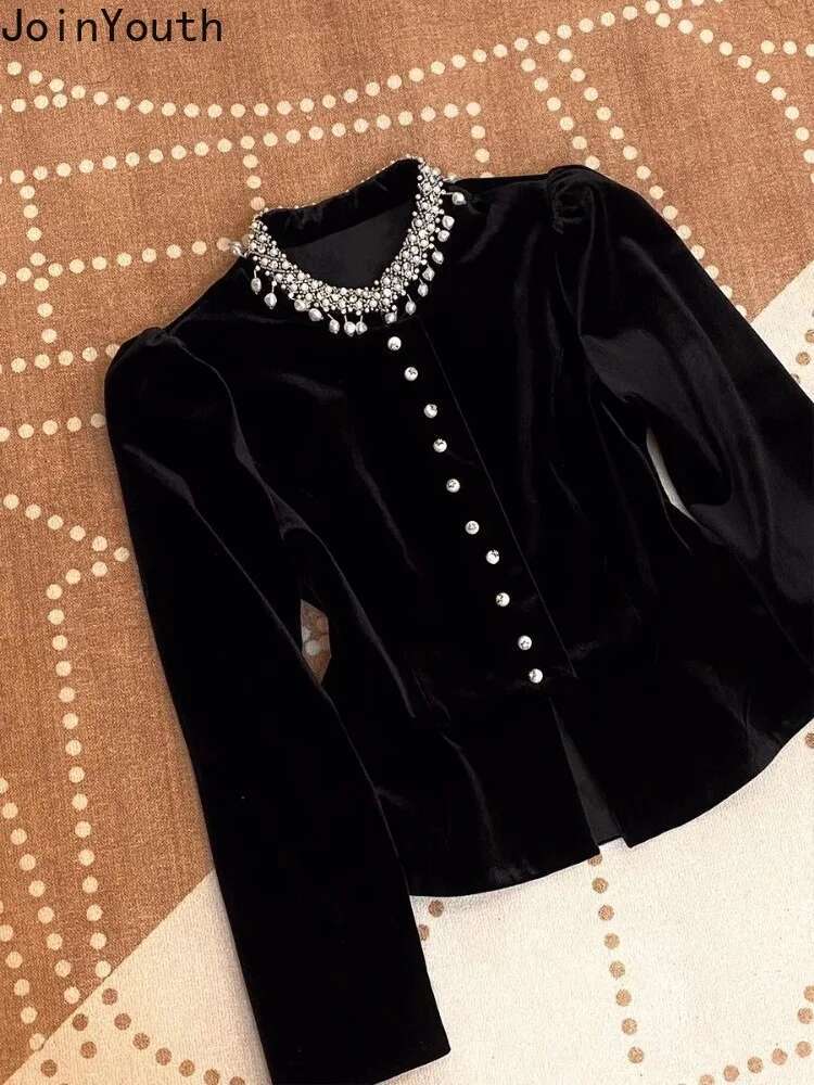 Blouses for Women Black Heavy Beading O-neck Puff Sleeve Shirts 2025 Blusas Mujer De Moda Slim Fit Velvet Vintage Blouse Tops
