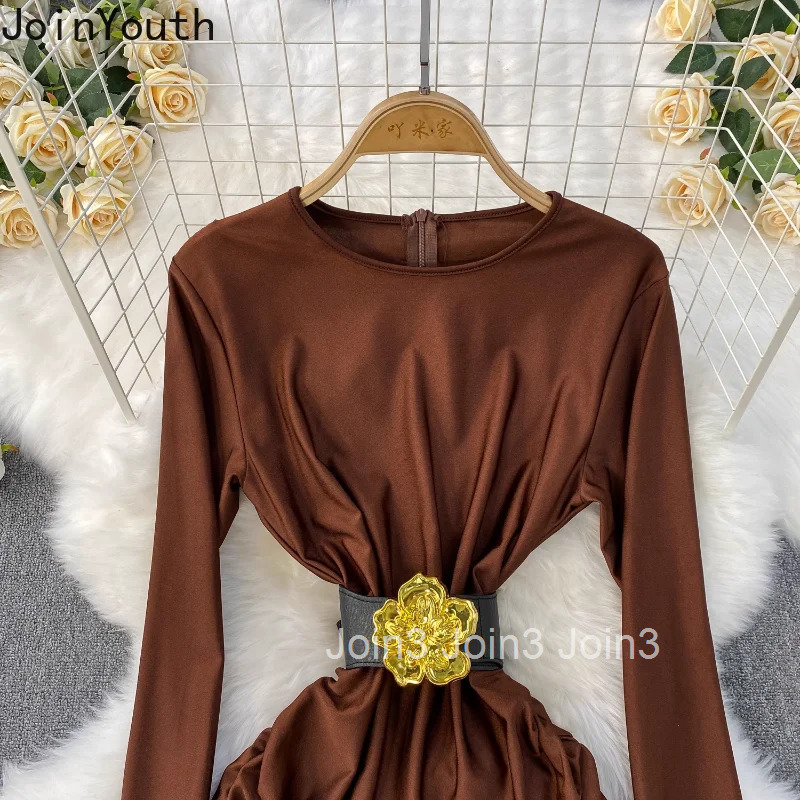 Maxi Dresses Women O-neck Long Sleeve Slim Waist Temperament Robe Femme 2025 Vestidos De Mujer Chic Floral Korean Summer Dress
