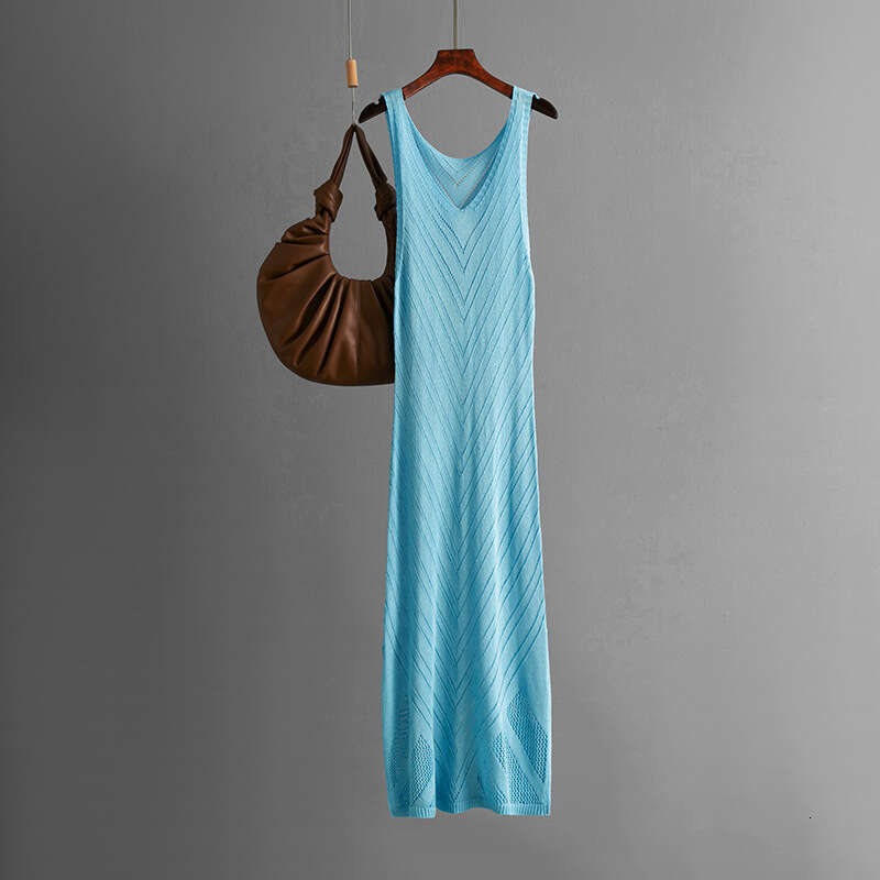 Knitted V-neck Hollow Sexy Split Vacation Long Beach Bikini Cover-up Dress