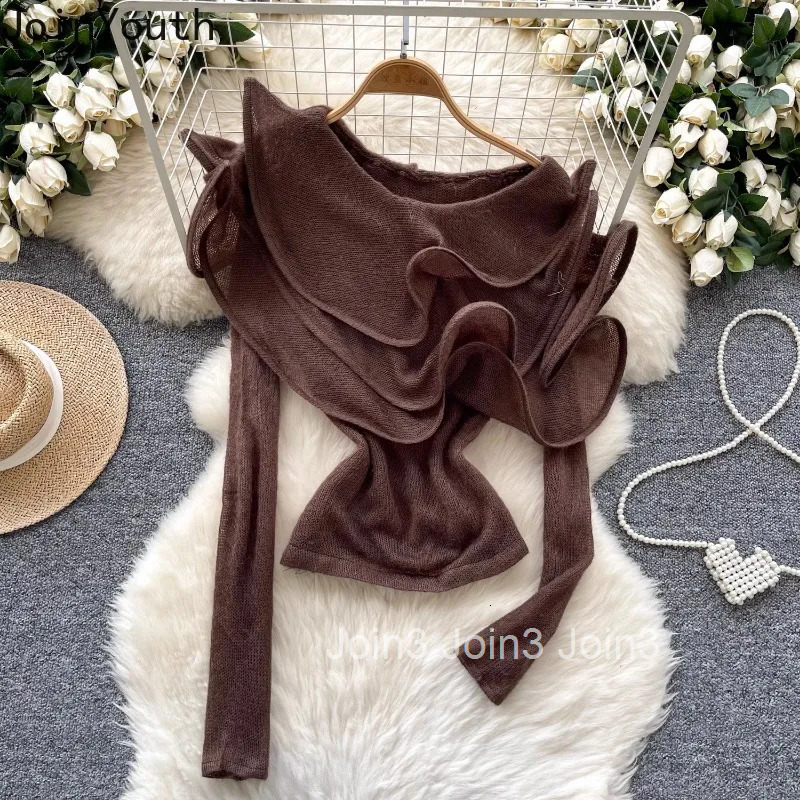 Korean Jumper Ruffles Slash Neck Pullovers Womens Clothing Long Sleeve Tunic Sueter Mujer Off Shoulder Knitted Sweater Tops