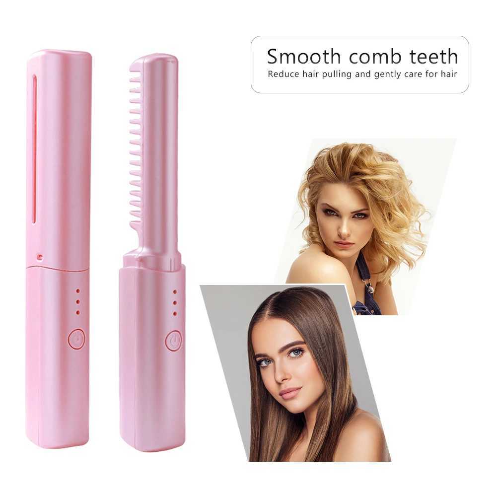 Anti-Scald Portable Straightening Brush 2-in-1 Hair Curler and Straightener USB Rechargeable Hot Comb Hair Straightener ElectricXJ250621