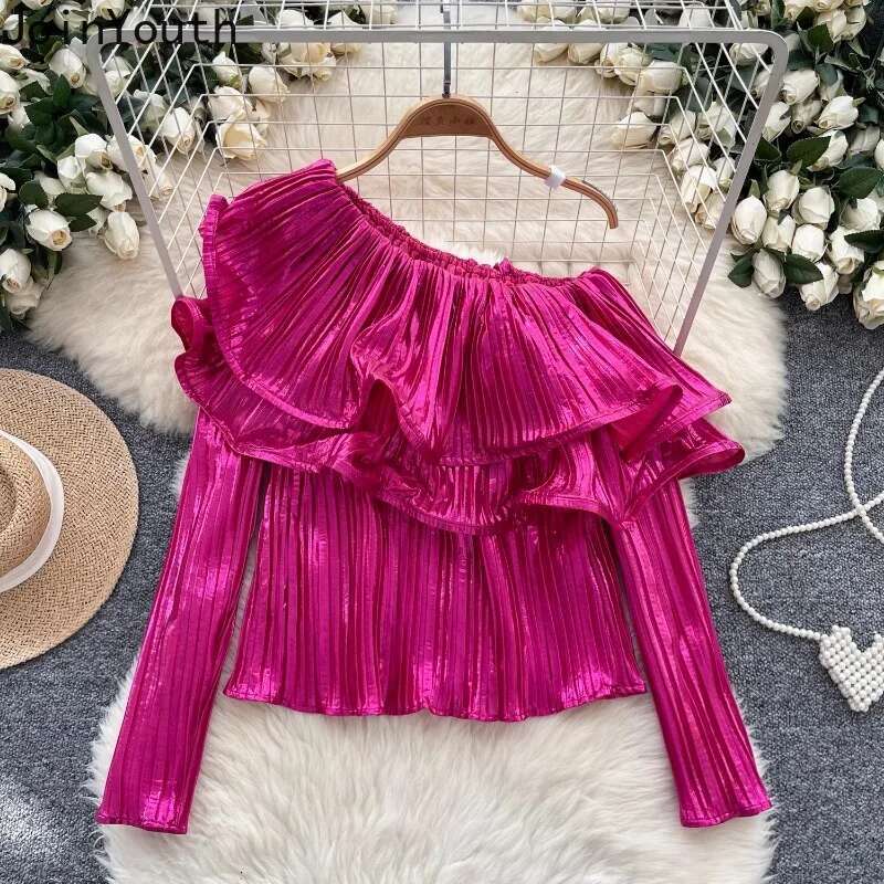 2025 Blusas Mujer De Moda Sexy Blouses for Women Long Sleeve Off Shoulder Shirts Ruffles Loose Pleated Temperament Tops Female