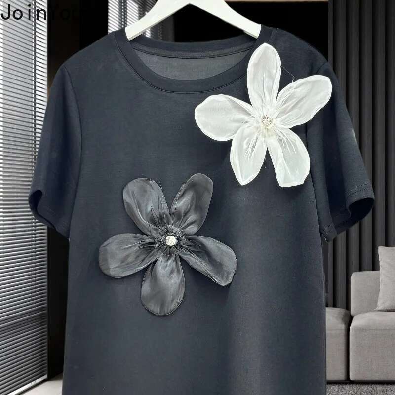 White Woman Tshirts Y2k Tops Short Sleeve O-neck Tees 2025 Ropa Mujer Casual Fashion Loose Camisetas 3D Floral Summer T-shirt