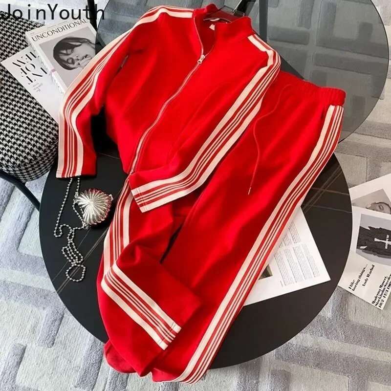Fashion Tracksuit Korean Two Piece Set for Women Zipper Crop Hoodies High Waist Straight Wide Leg Pants Outfits Casual Y2k Suit