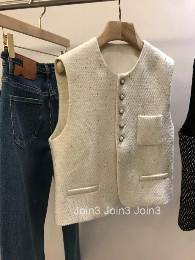 Sleeveless Cardigan Women Temperament Vest Coats Ropa Mujer O-neck Single Breasted Thicked Waistcoat Sequin Tweed Tanks Tops