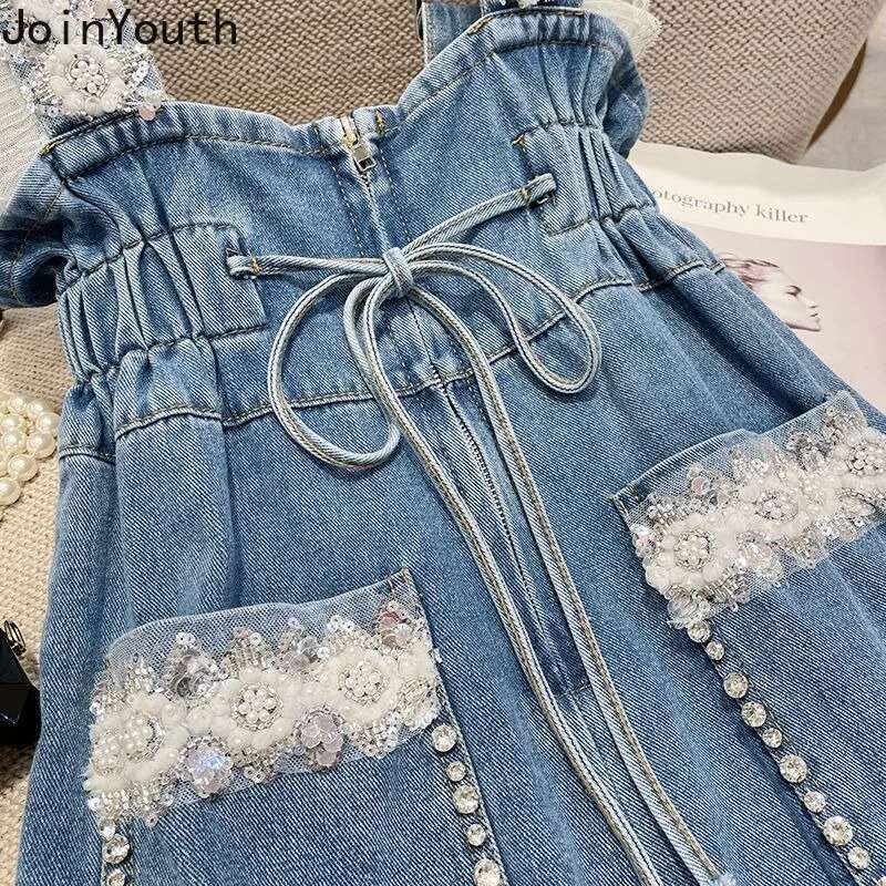 Fashion Denim Shorts Women Clothing Summer Overalls Heavy Beading Ruffles Pantalones Cortos De Mujer Korean Y2k Wide Leg Pants
